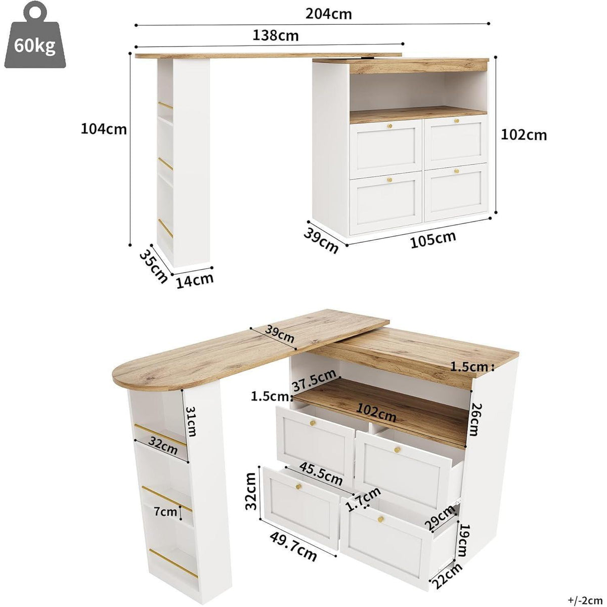 Klappbarer Esstisch mit Stauraum & Schublade – Weiß + Holz 138x104cm