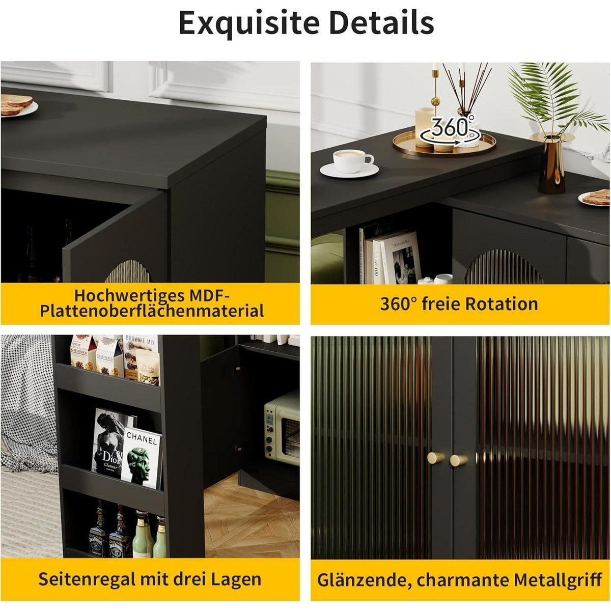 Klappbarer Esstisch mit Stauraum & Schublade – 120x103cm Schwarz
