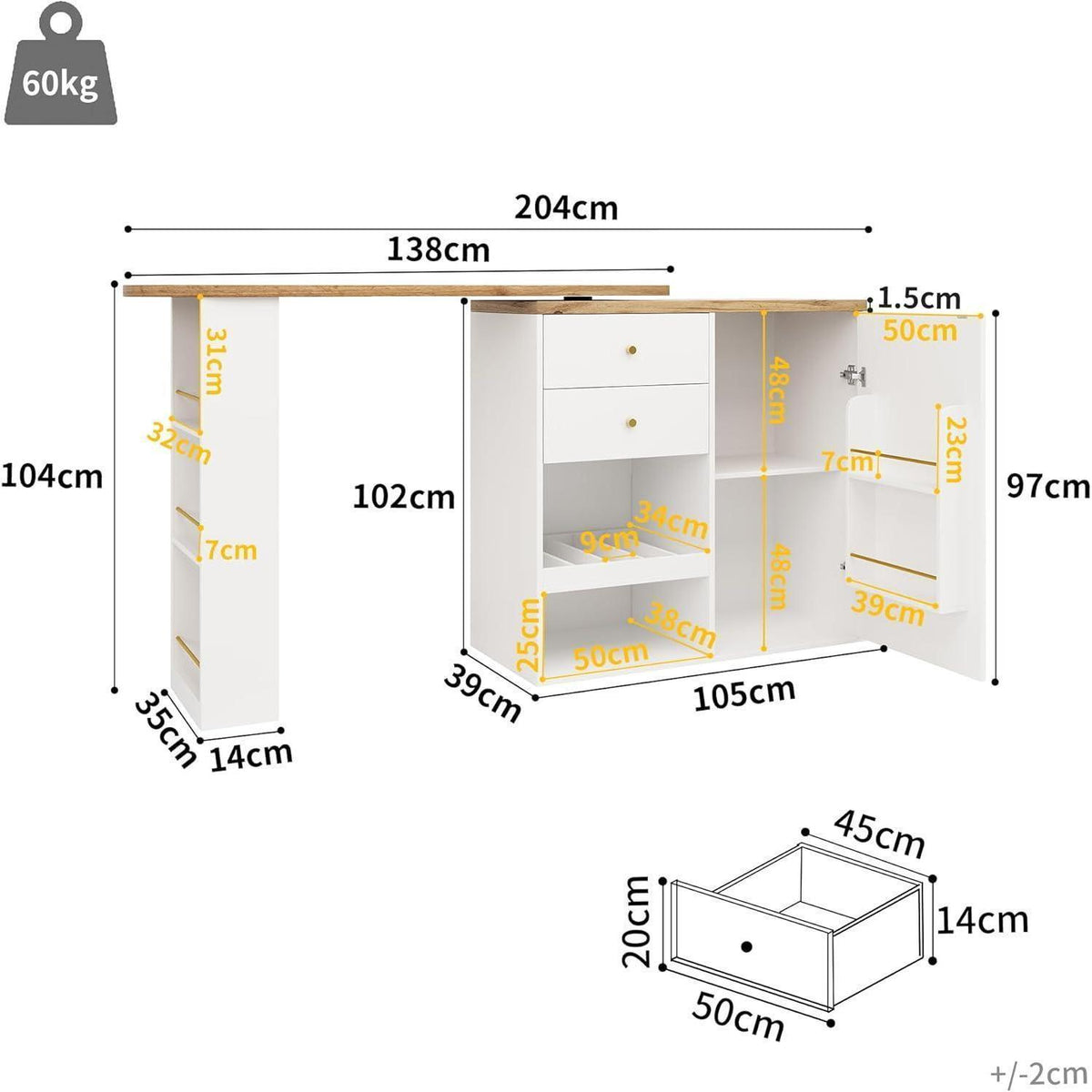 Klappbarer Esstisch mit Stauraum & Schublade – Weiß 138x104cm