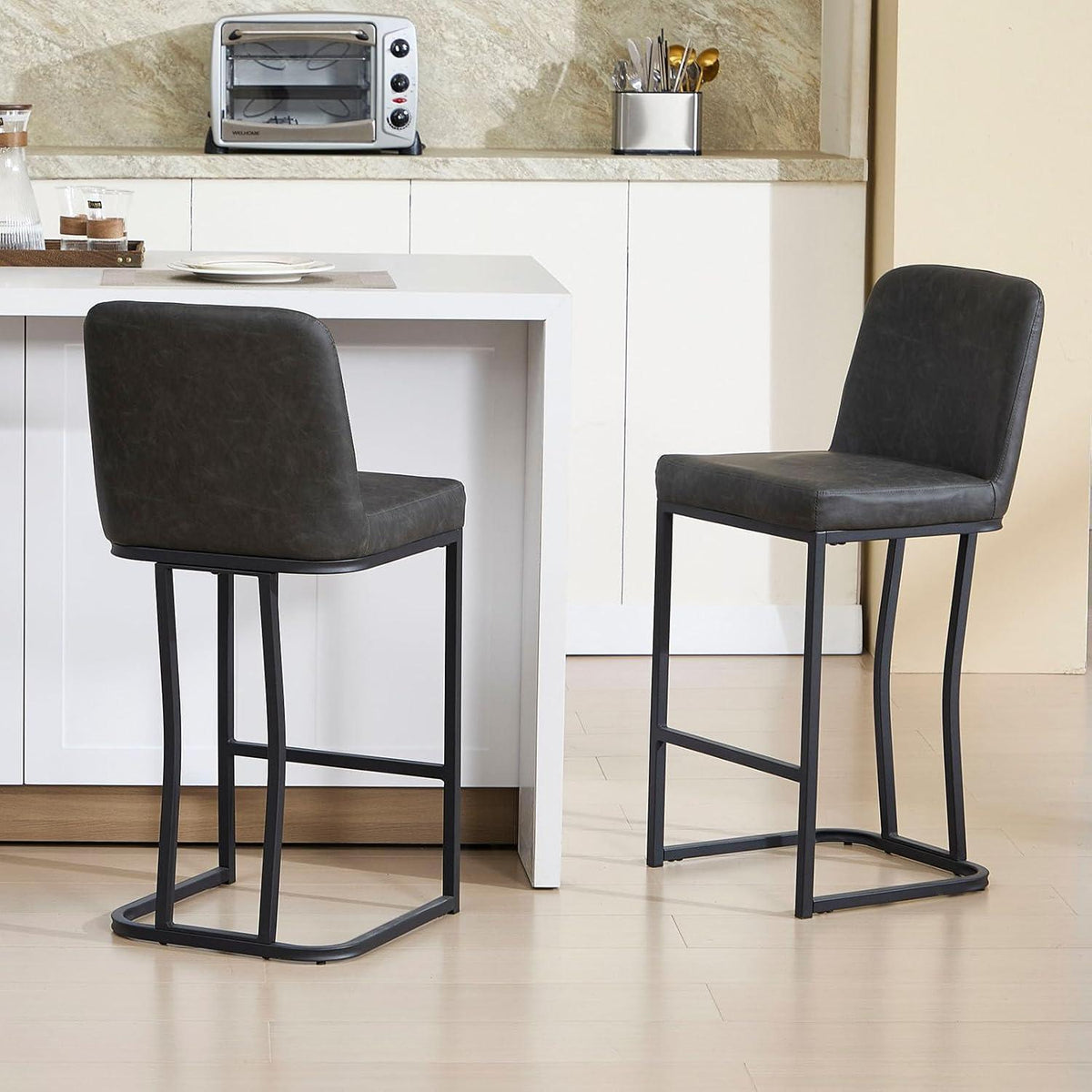 Barhocker Set 4 Grau – Gepolsterte Tresenstühle mit Metallbein