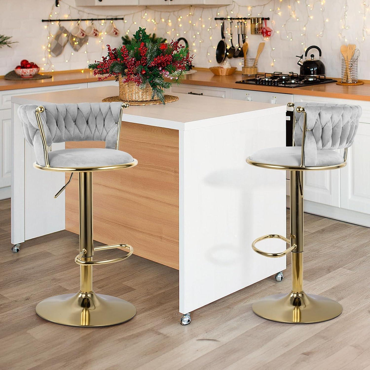 Barhocker Set 4er – Höhenverstellbar, Geflochtene Rückenlehne, Gold/Grau
