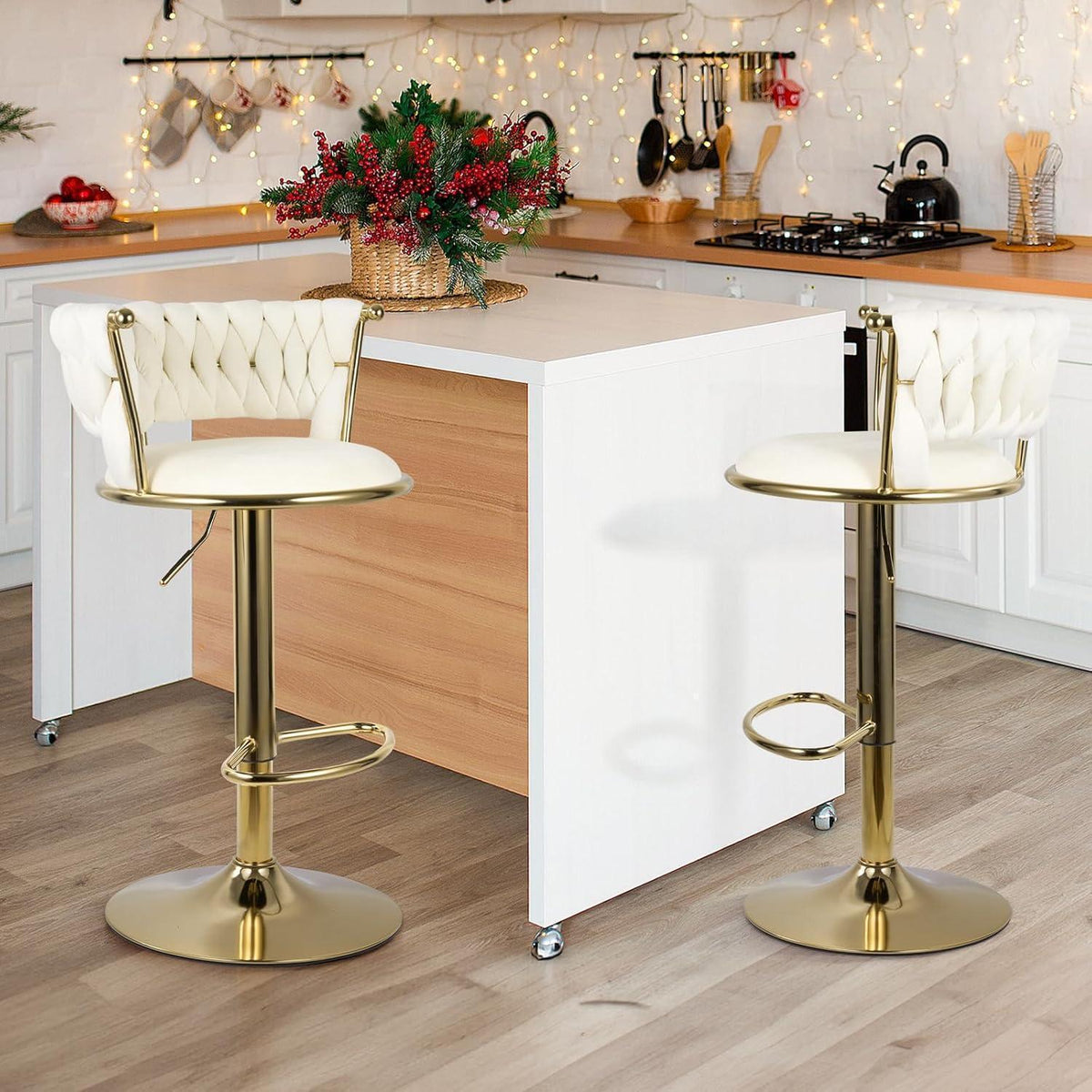 Barhocker Set 4er – Höhenverstellbar, Geflochten, Gold/Beige