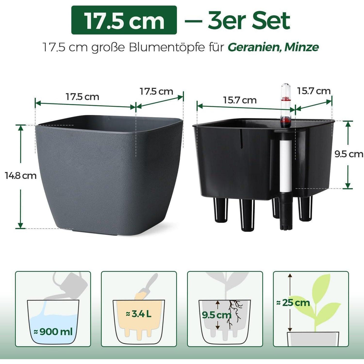 Selbstbewässerungstopf 17,5cm - Grau - 3er Set mit Wasseranzeige