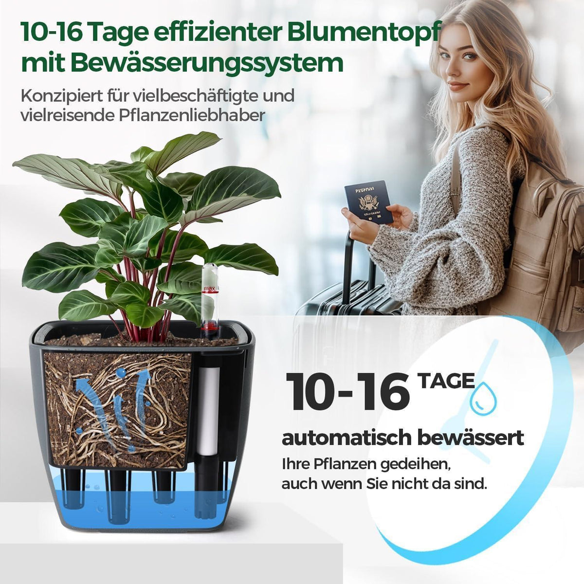 Selbstbewässerungstopf 17,5cm - Grau - 3er Set mit Wasseranzeige