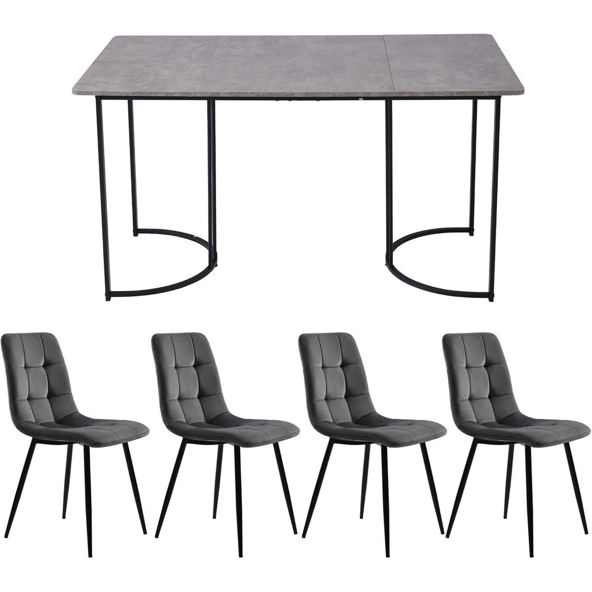 Essgruppe Schwarz-Grau: Esstisch mit 4 Samtstühlen 140x80cm
