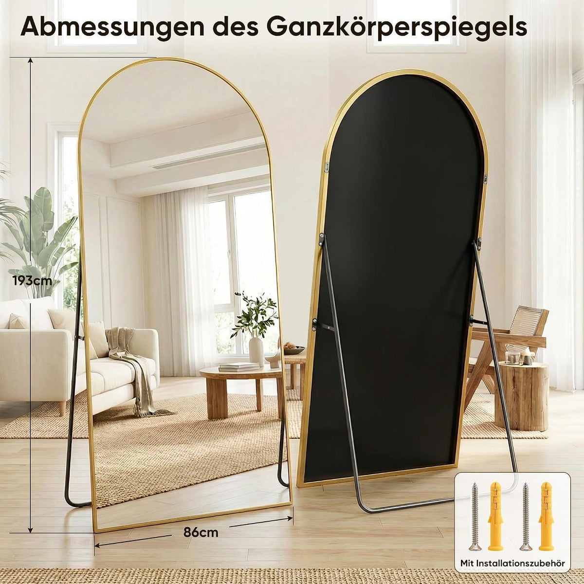 Ganzkörperspiegel gebogen, Standspiegel Gold, 194x87cm