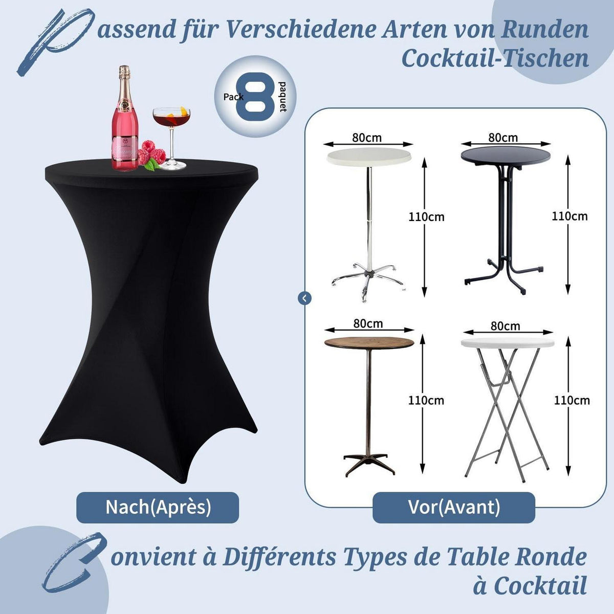 Schwarz Stretch Stehtisch Husse 8er-Set Ø 80-85 cm