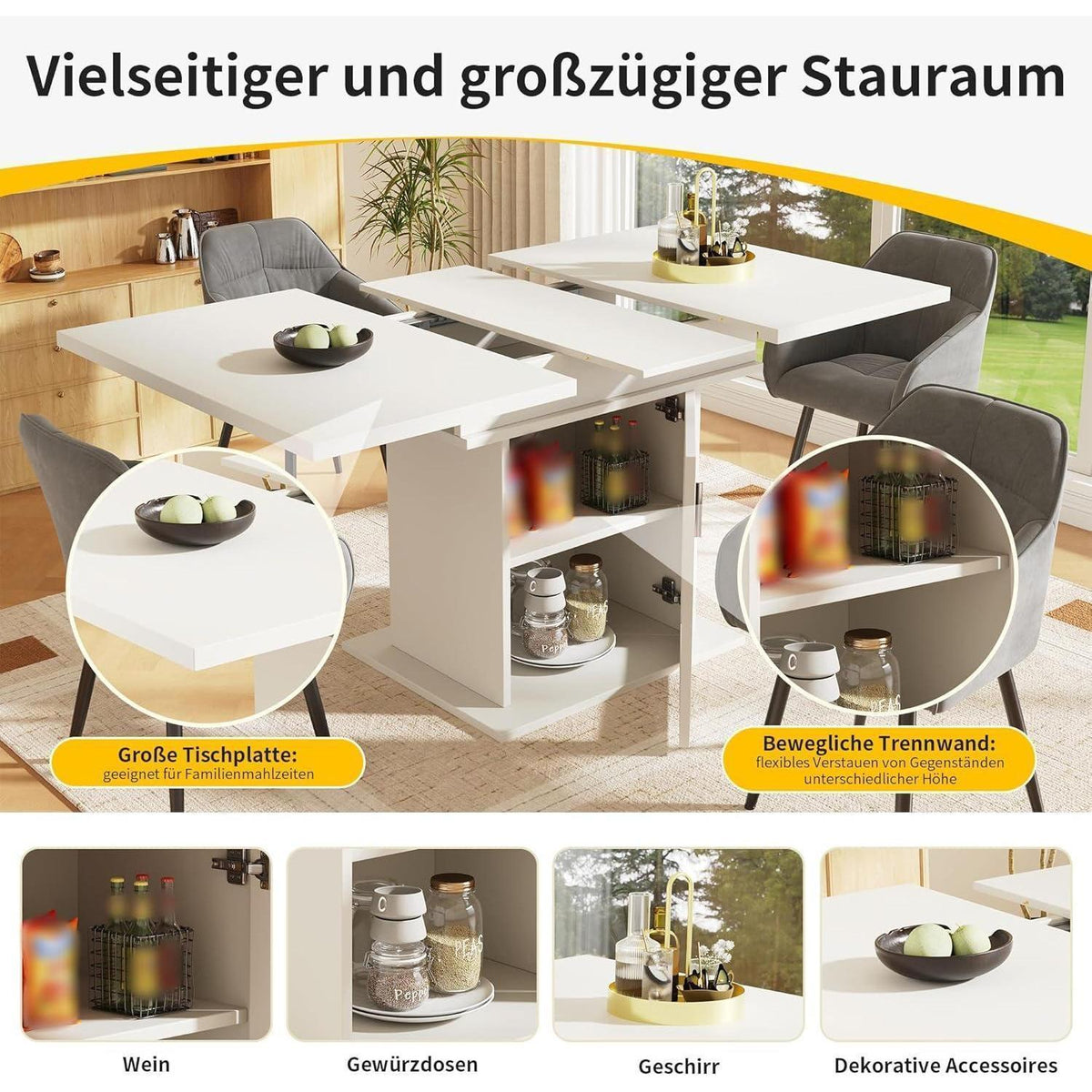 Ausziehbarer Esstisch Weiß mit Stauraum & Glastür