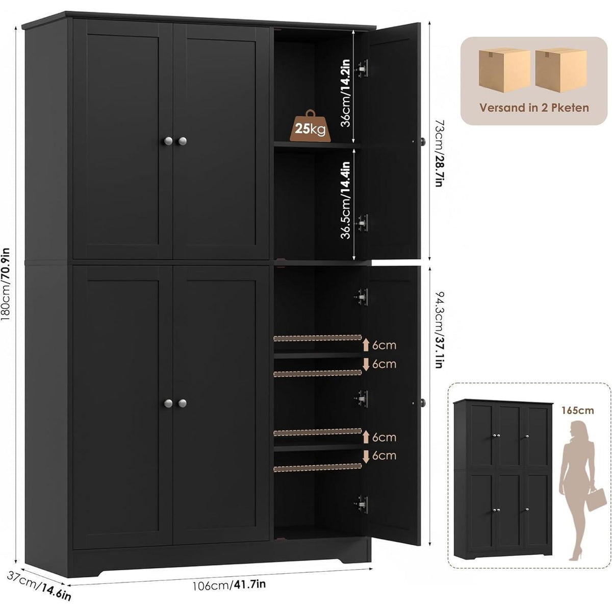 180 cm Küchenschrank mit 6 Türen & verstellbaren Böden