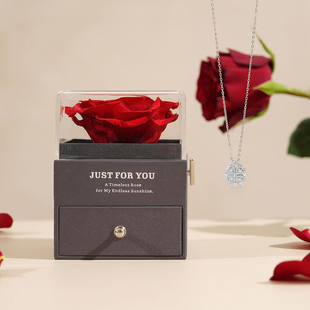 Ewige Rose Geschenkset mit Spieluhr & Kleeblatt Halskette Silber