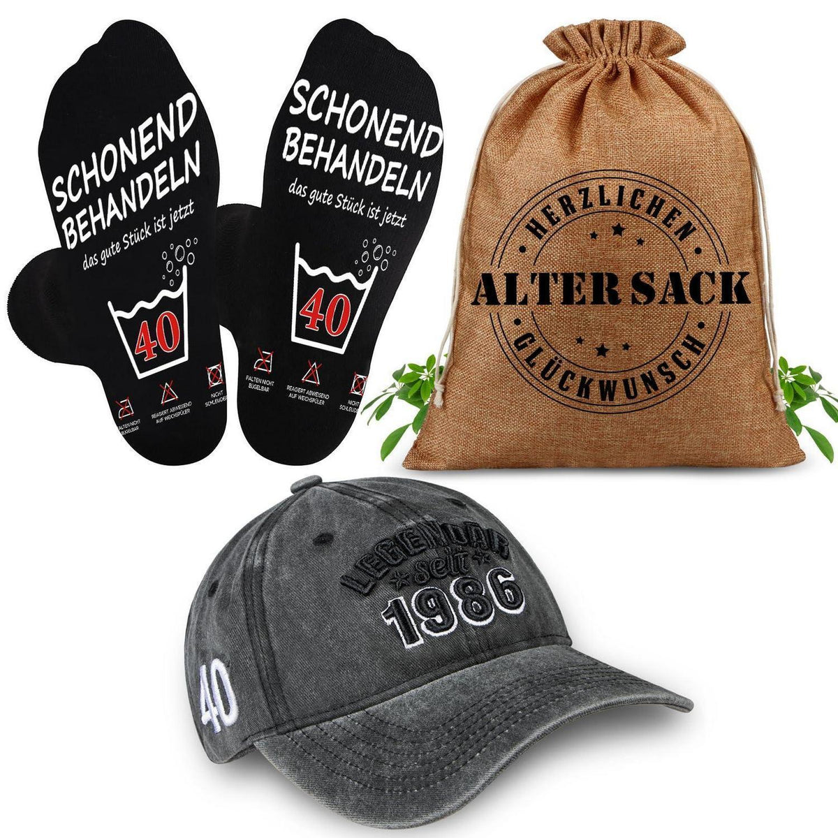 Geschenkset 40. Geburtstag Männer: Sack, Cap & Socken