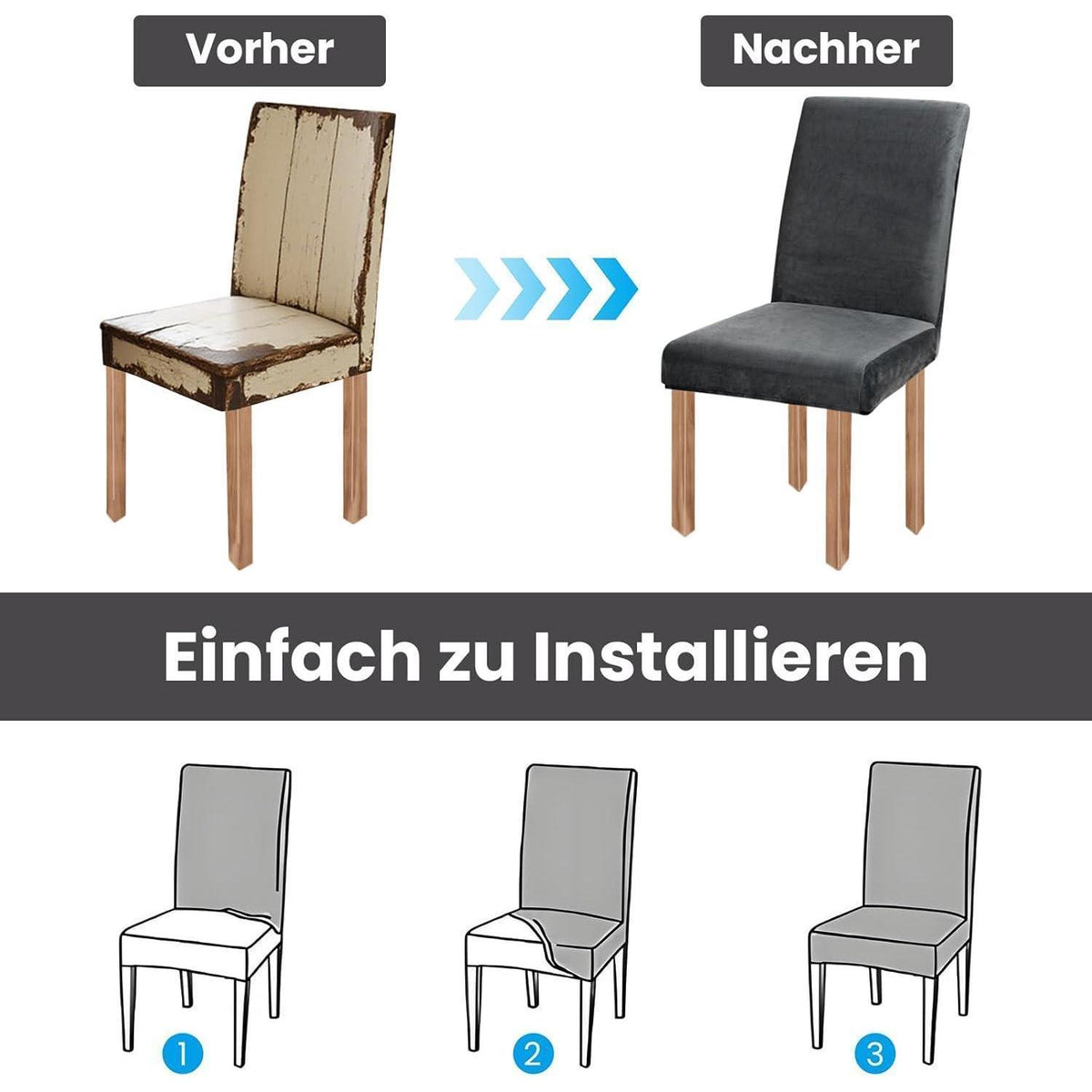 Samt Stuhlhussen 4er Set - Dunkelgrau, Stretch & Waschbar