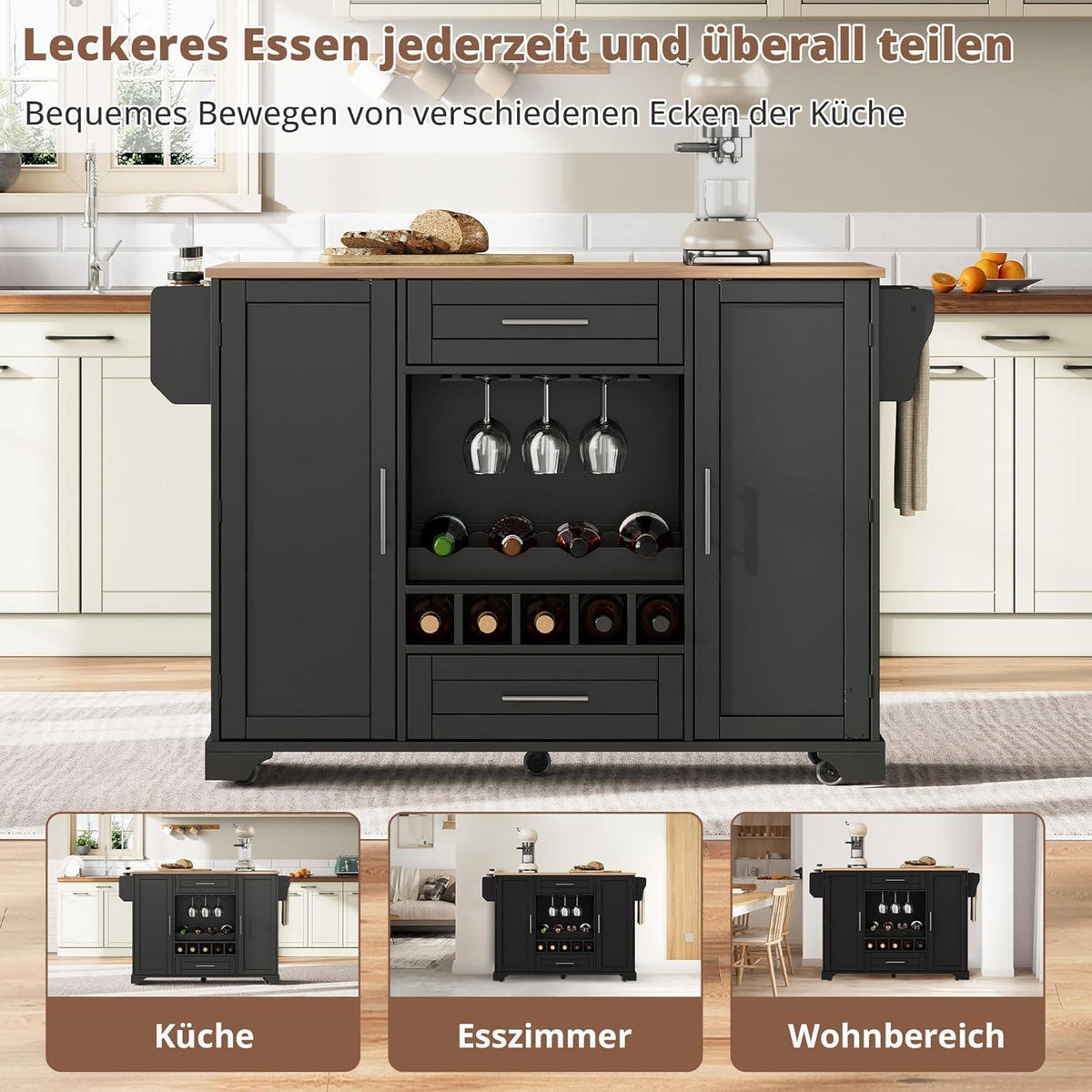 Küchenwagen mit Klappplatte & Weinregal – Schwarz
