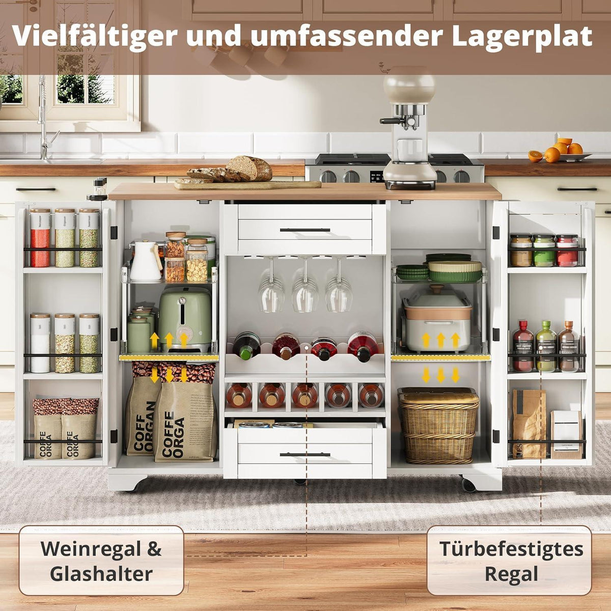 Küchenwagen mit Klappbarer Arbeitsplatte & Weinregal (Weiß)