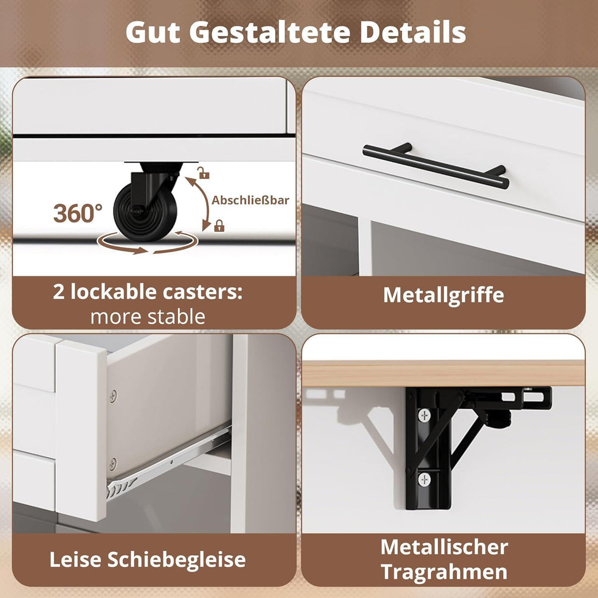 Küchenwagen mit Klappbarer Arbeitsplatte & Weinregal (Weiß)