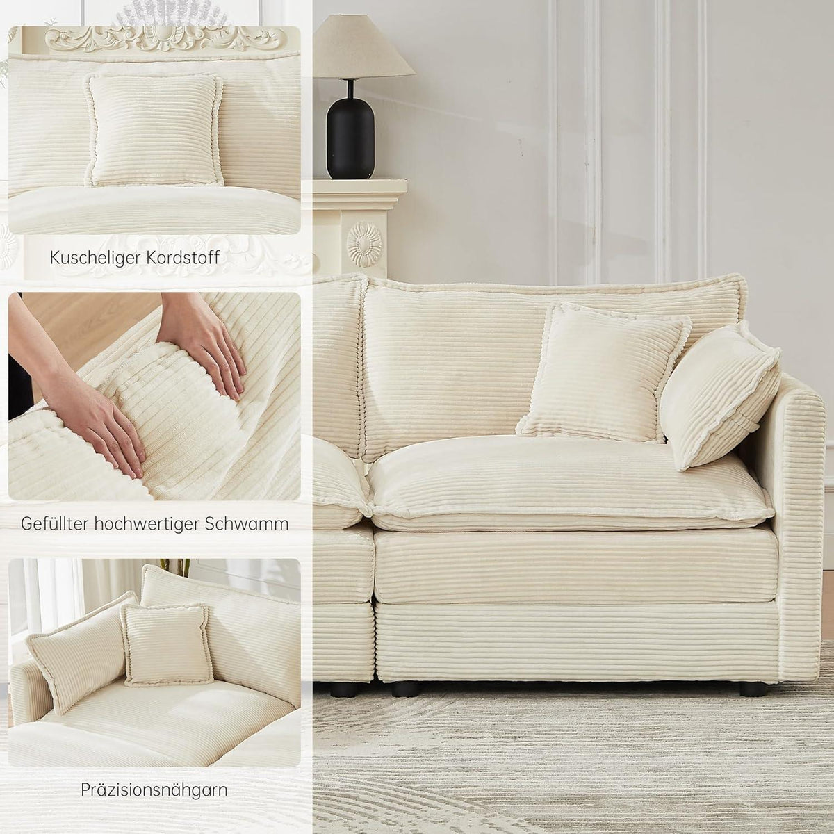 JIEXI Ecksofa mit Schlaffunktion – Beige Cord, Modern & Modular