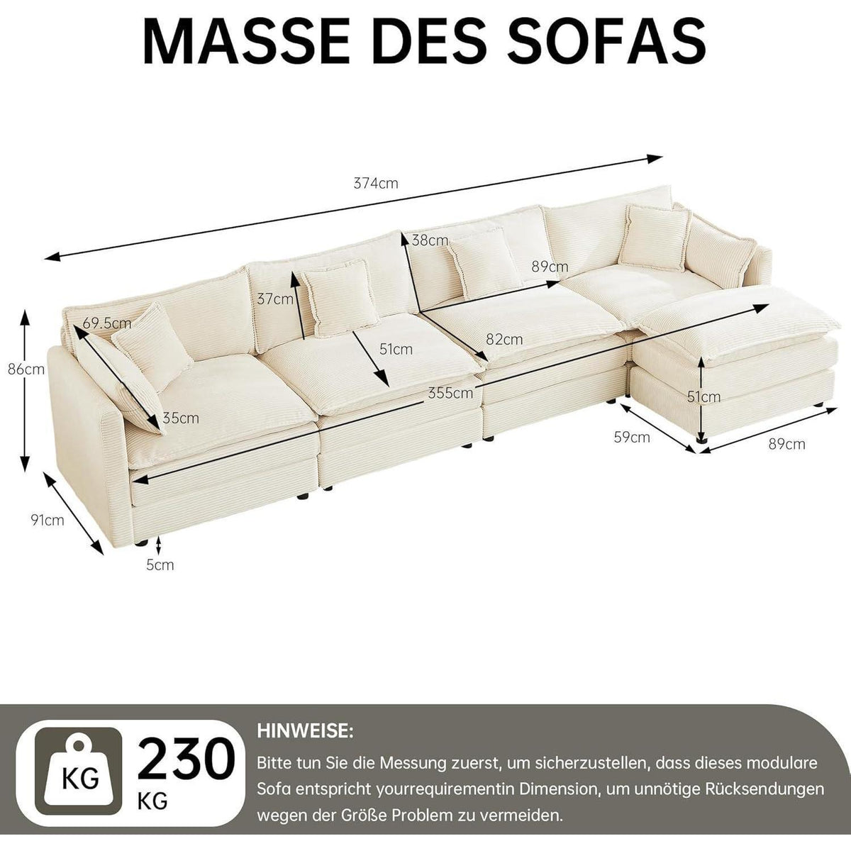 Modulares Ecksofa mit Schlaffunktion – Beige Cord L-Form