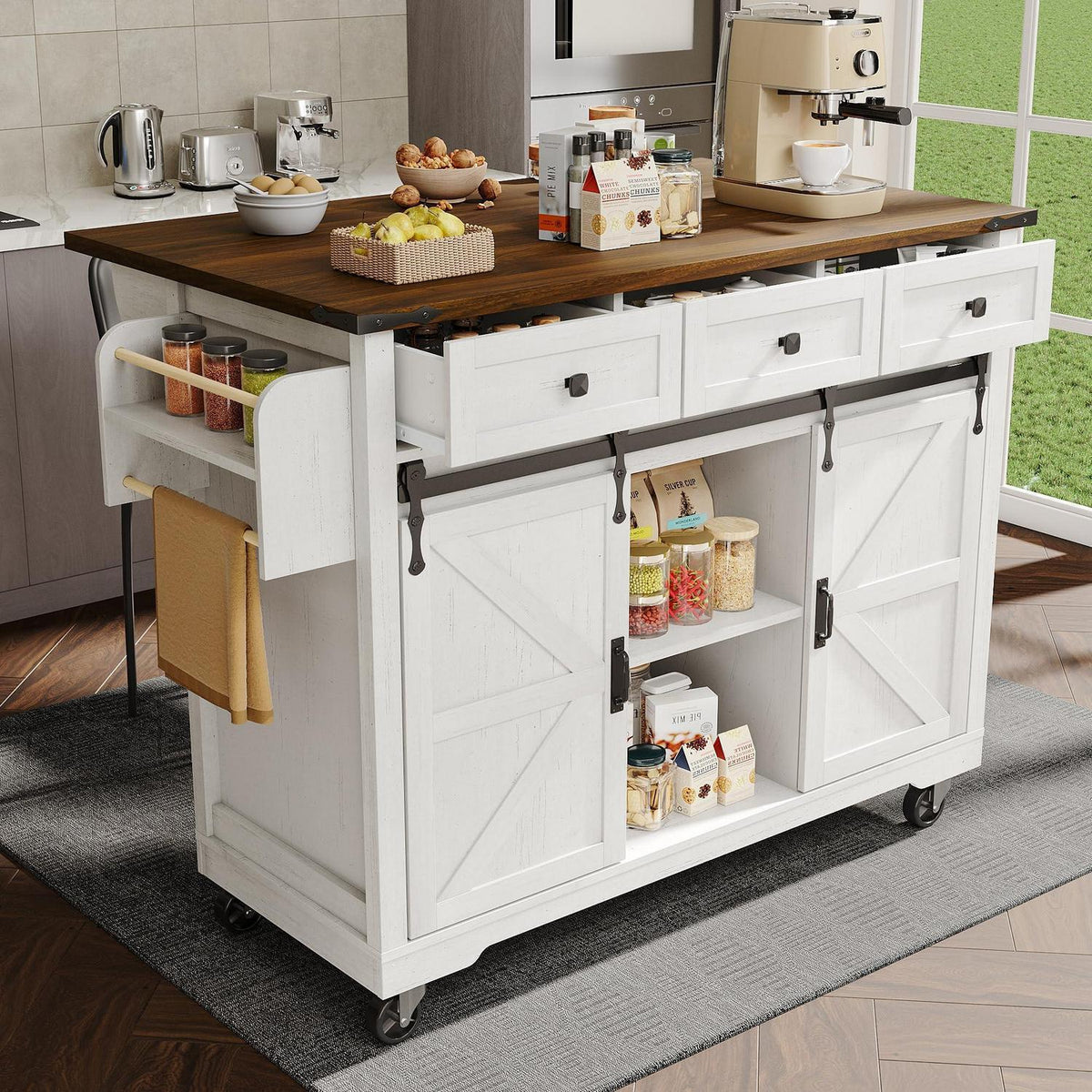 Kücheninsel mit ausziehbarer Arbeitsplatte, Beige