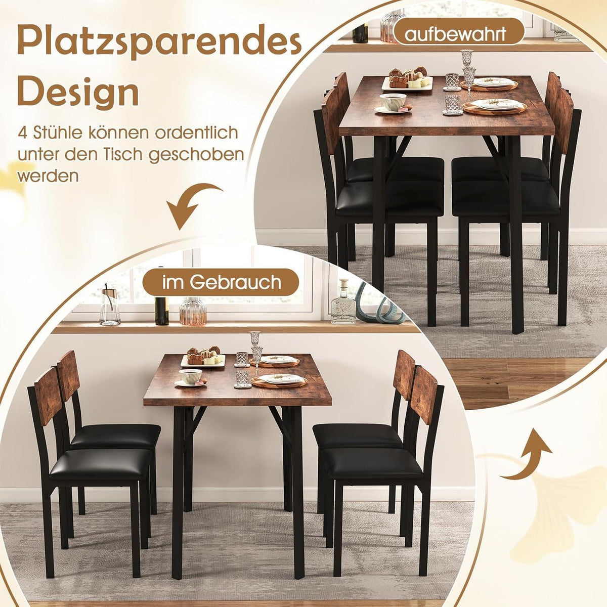 Essgruppe für 4 Personen – Vintagebraun, Esstisch mit Stühlen