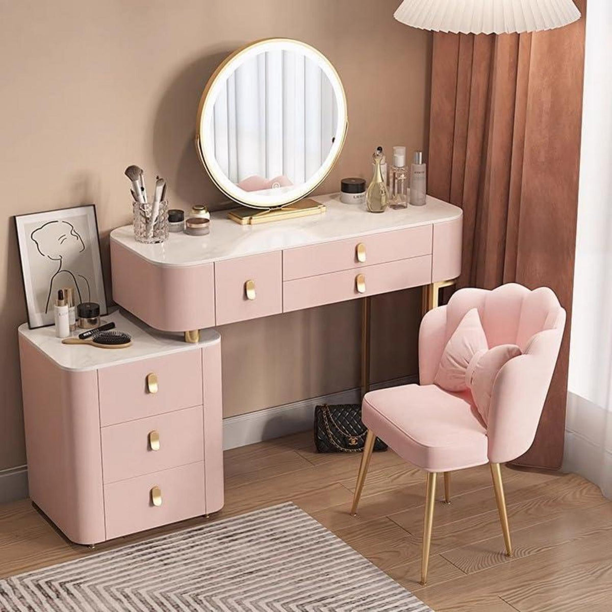 Rosa Schminktisch Set mit Spiegel & Stuhl – 80cm