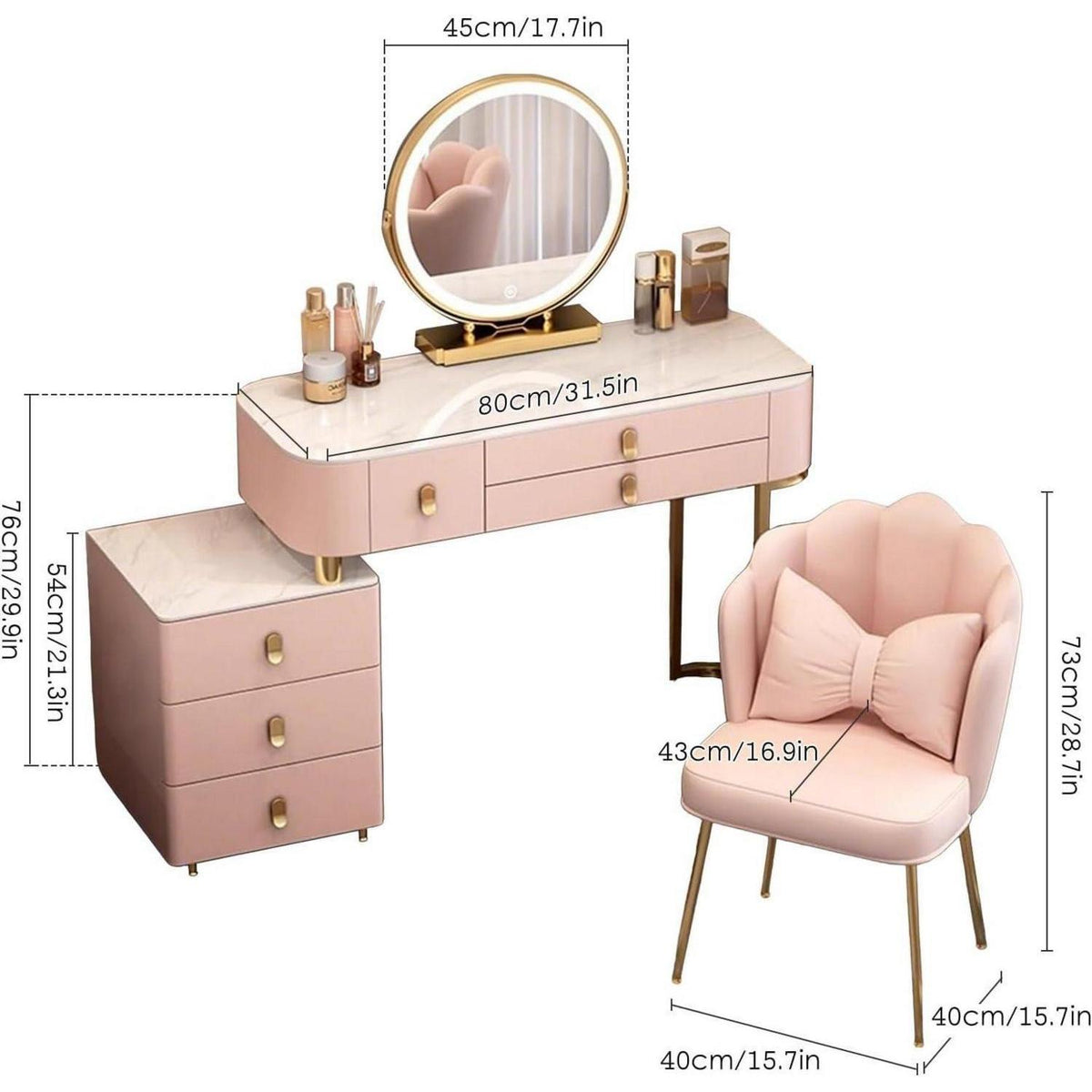 Rosa Schminktisch Set mit Spiegel & Stuhl – 80cm