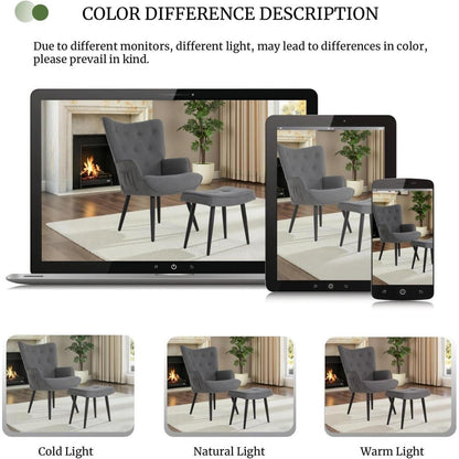Gemütlicher Ohrensessel mit Hocker – Grau, Chenille & Ablagetasche
