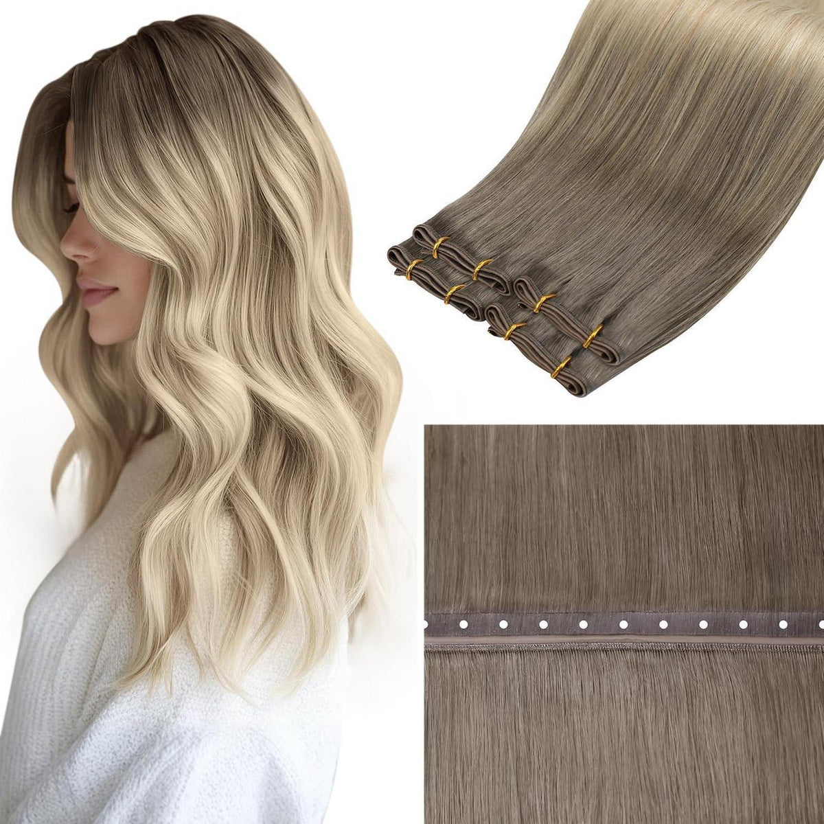 Echthaar Tressen Braun 60cm – Balayage Aschblond & Platinblond
