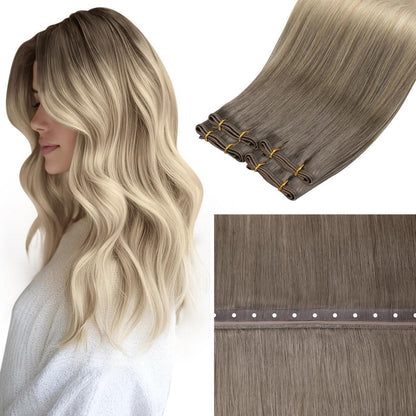 Echthaar Tressen Braun 60cm – Balayage Aschblond & Platinblond