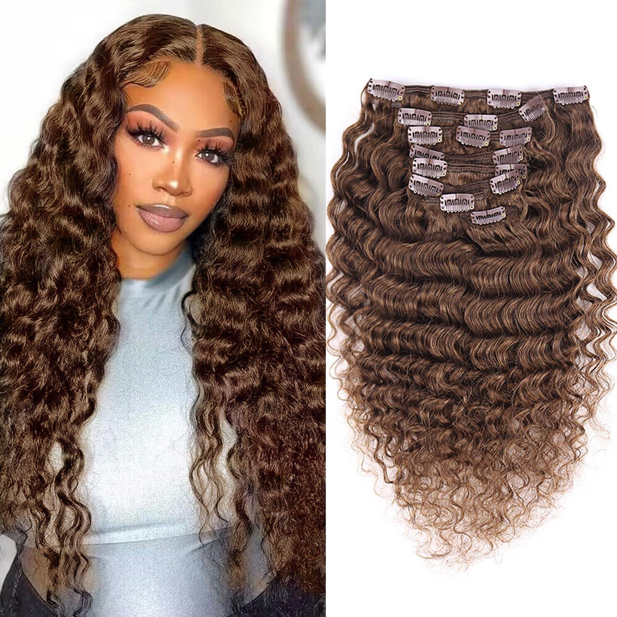 Deep Curly Echthaar Clip-Ins Dunkelbraun 60cm Haarverlängerung