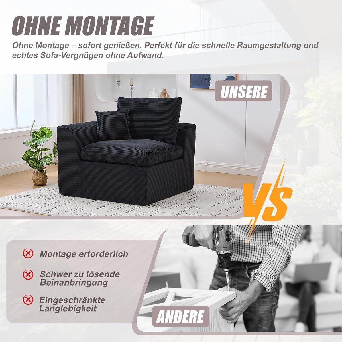 Compressed Cordstoff Sofa Schwarz – Flexibel als 1er oder 2er