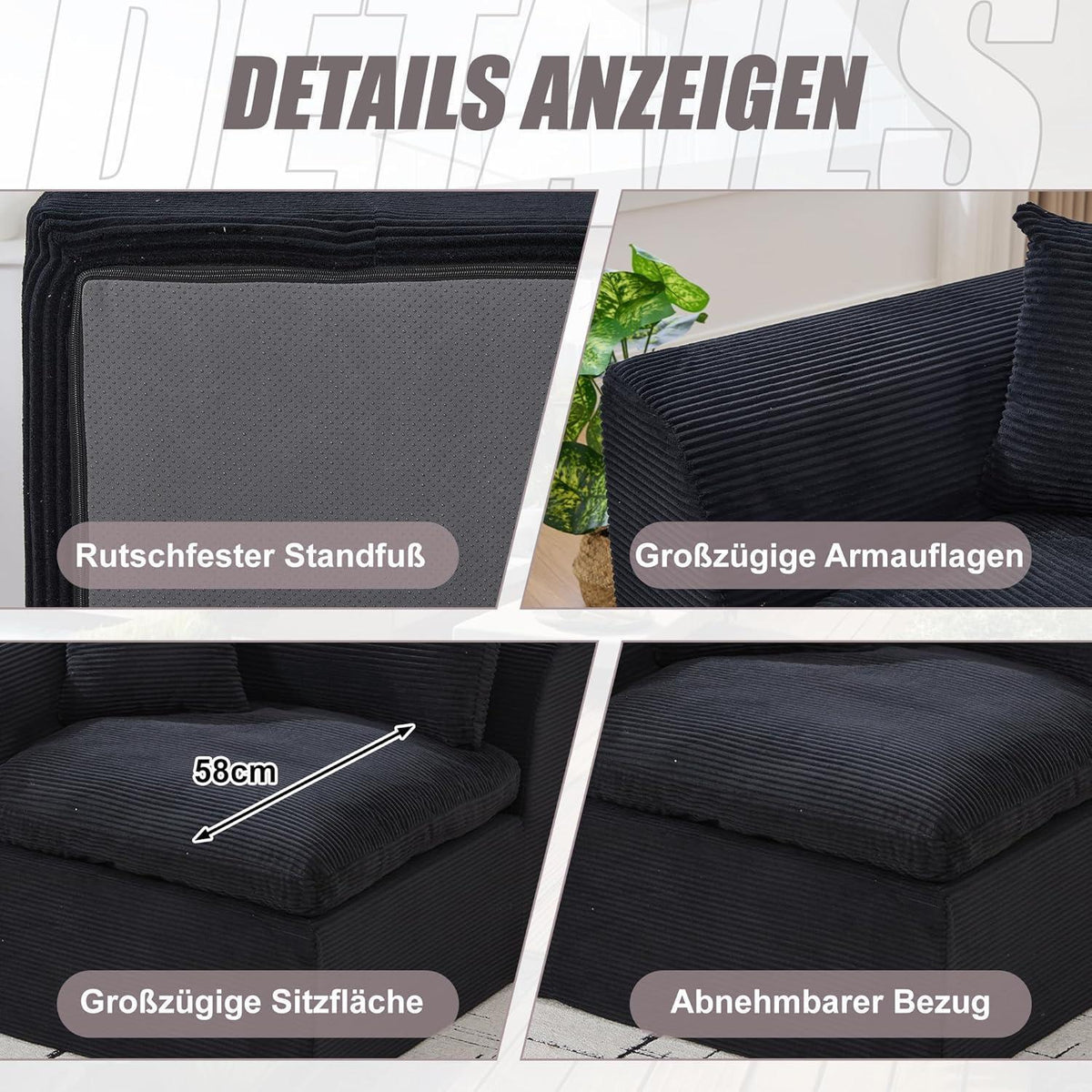 Compressed Cordstoff Sofa Schwarz – Flexibel als 1er oder 2er
