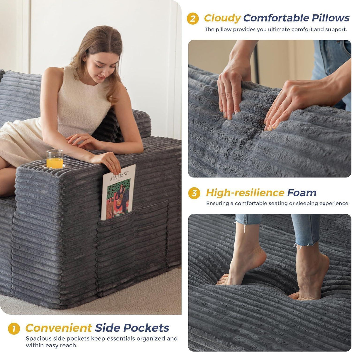Modulares Sofa mit Chaiselongue – Cloud Couch Grau, 3-4 Sitzer