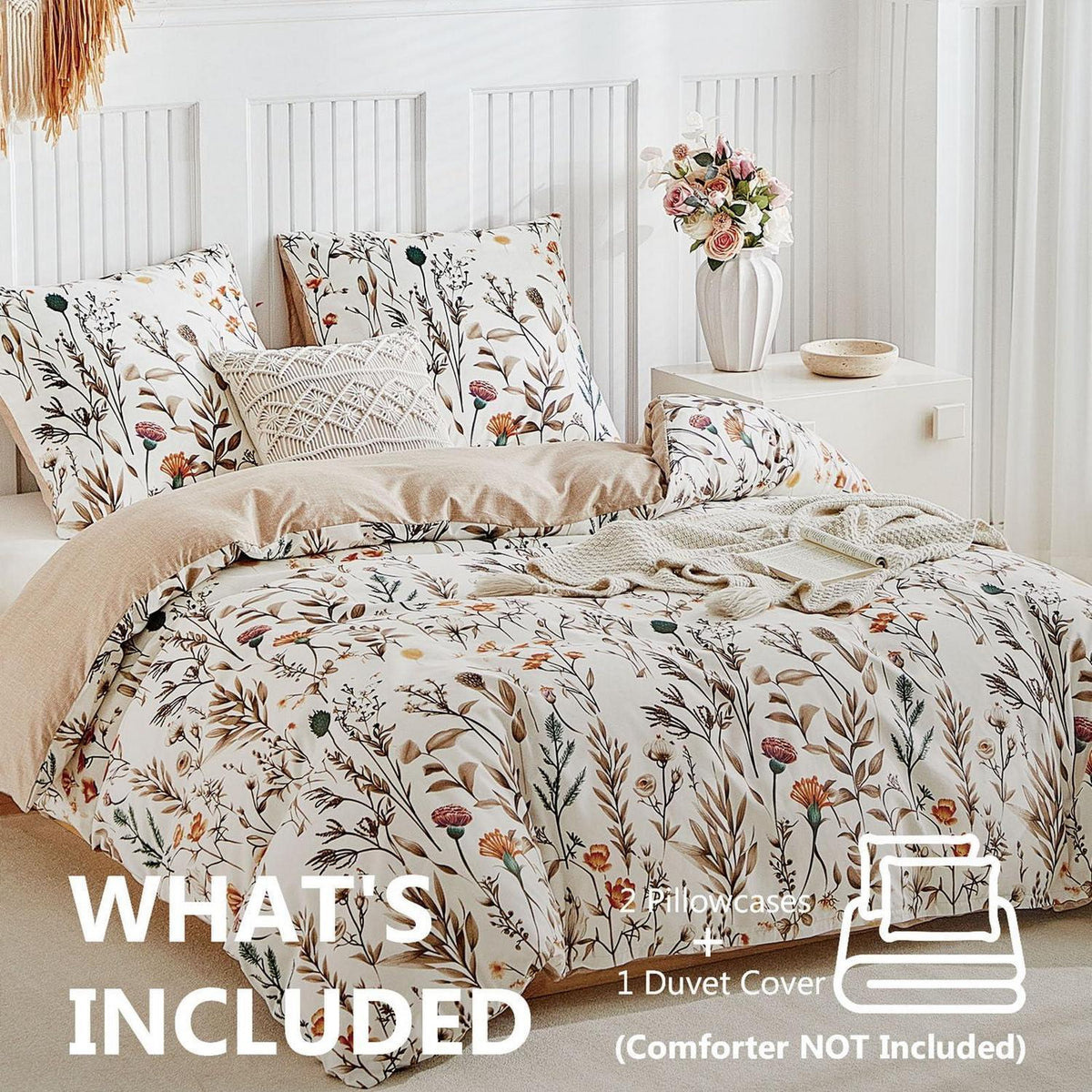 Bettwäsche-Set 240x220 - Mikrofaser mit Blumenmuster, Beige