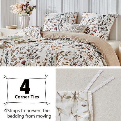 Bettwäsche-Set 240x220 - Mikrofaser mit Blumenmuster, Beige