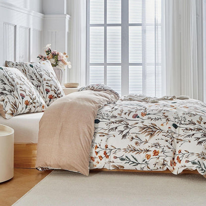Bettwäsche-Set 240x220 - Mikrofaser mit Blumenmuster, Beige
