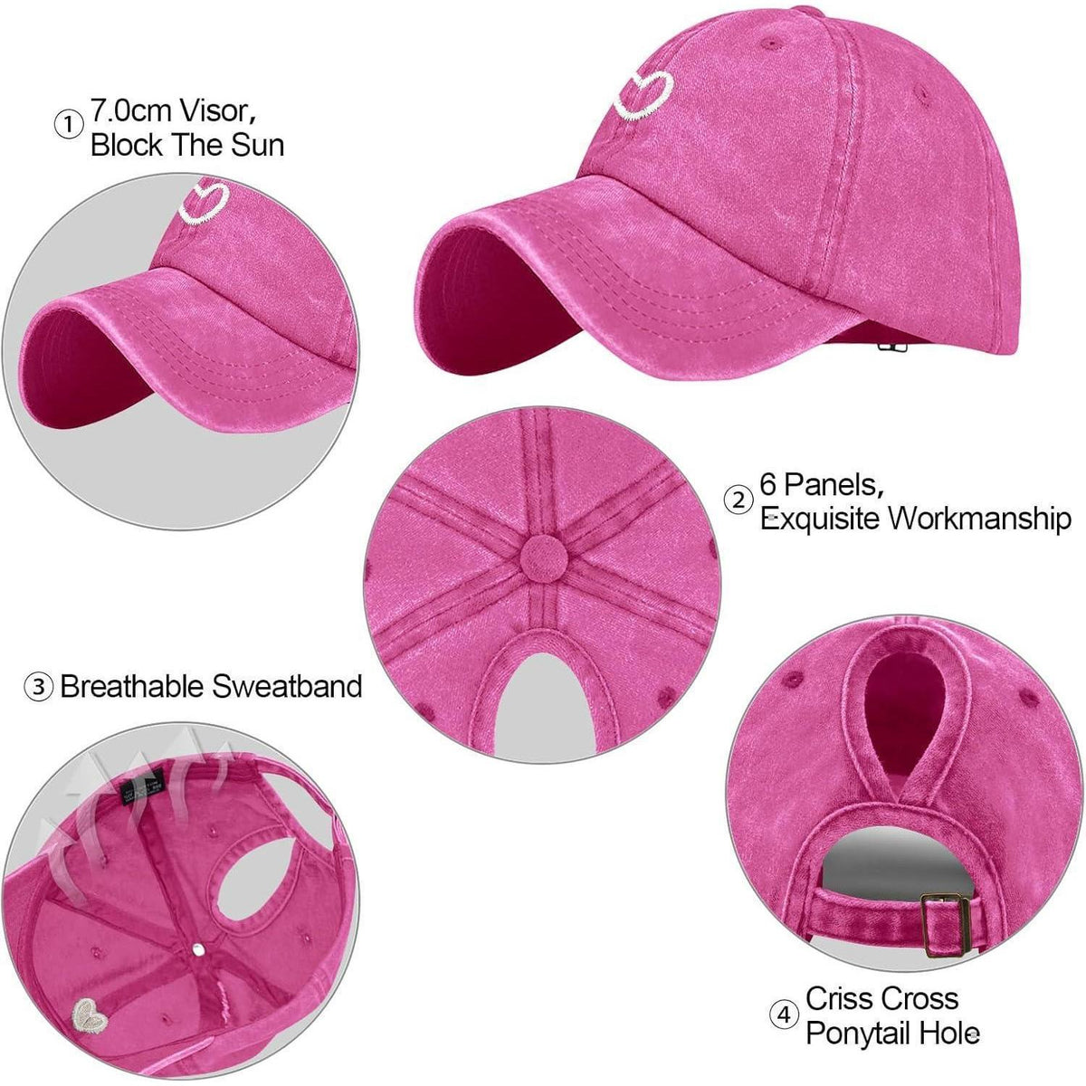 Pferdeschwanz Baseball Cap Herz Stickerei Damen Verstellbar Rosa