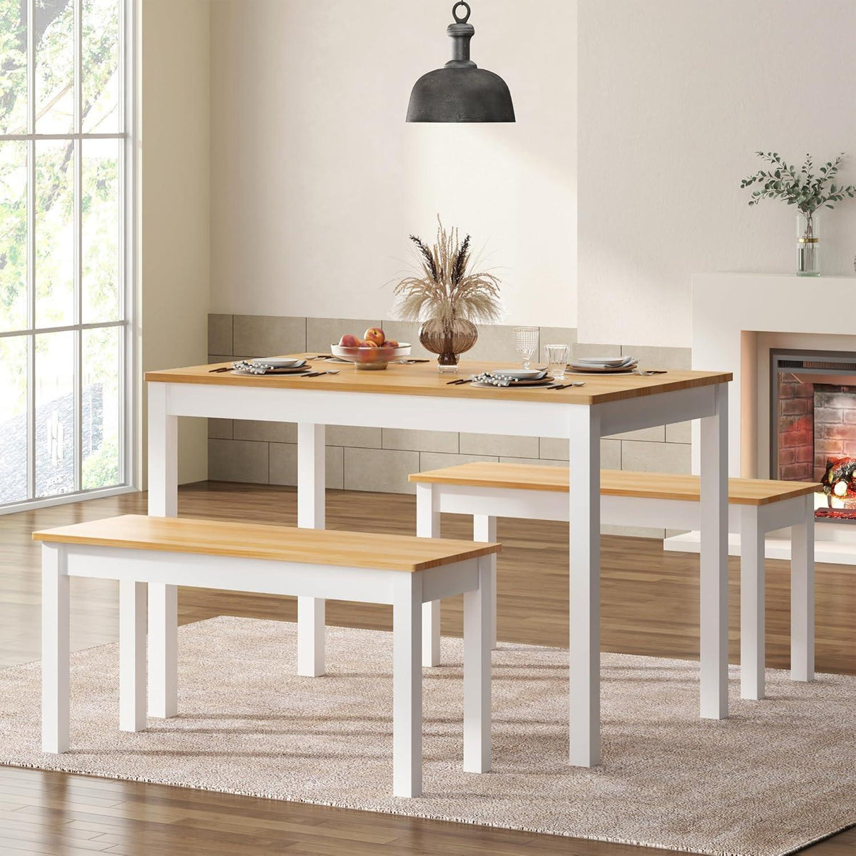 Massivholz Esstisch mit 2 Bänken | Esszimmer-Set Kiefer Teak/Weiß