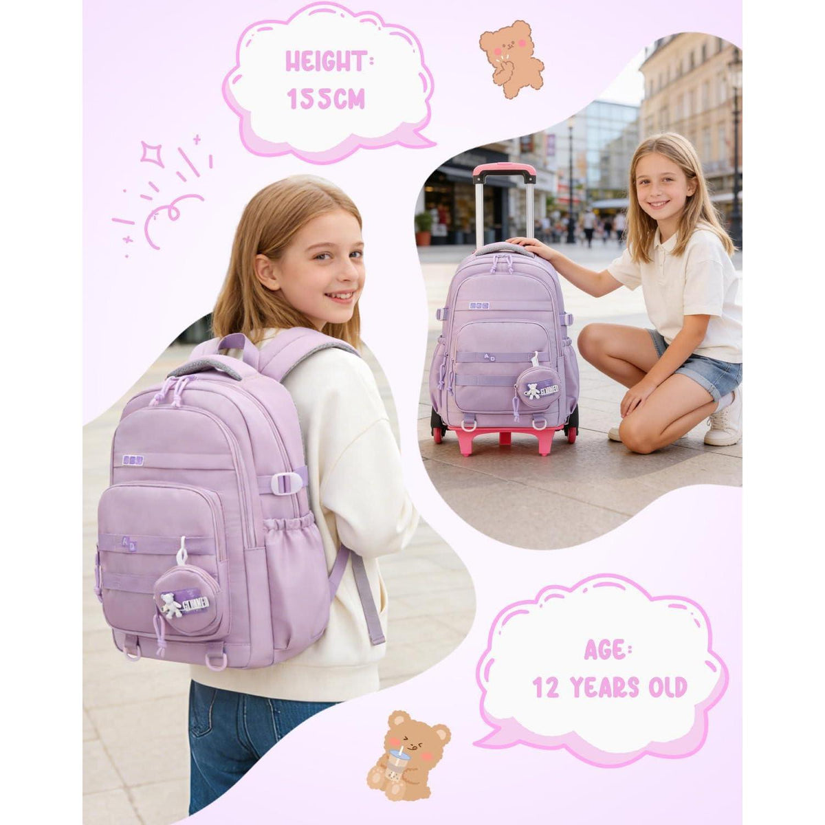 Schultrolley Mädchen mit Rollen & Laptopfach Lila