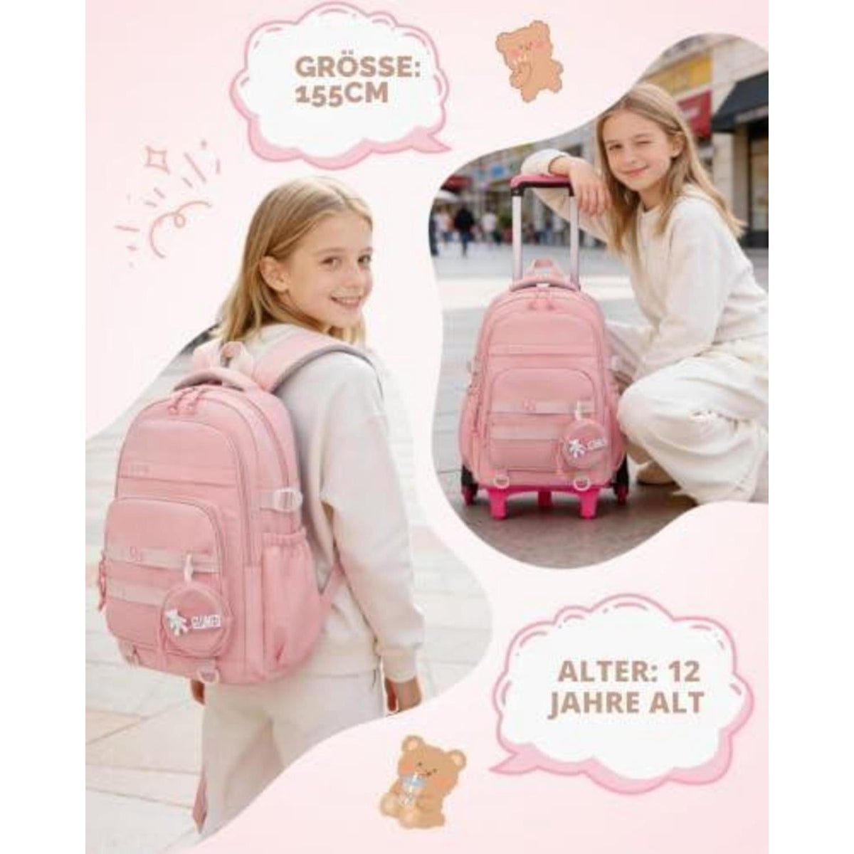 Schultrolley Mädchen mit Rollen & Laptopfach, Rosa
