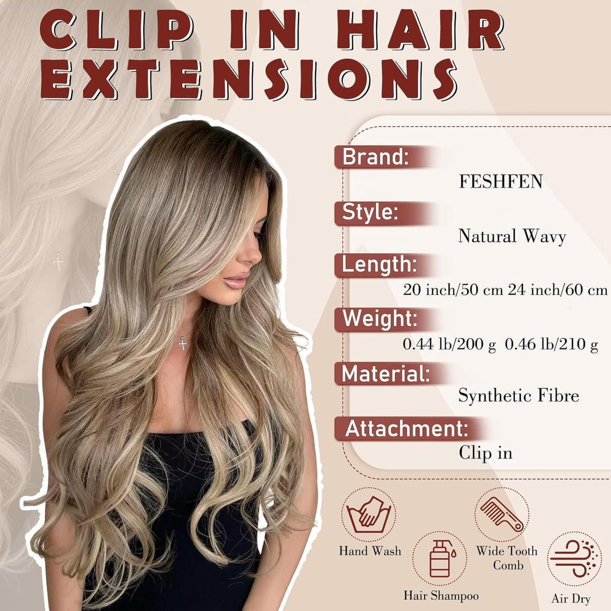 Lange gewellte Haarverlängerung Clip-in, Gemischtes Blond