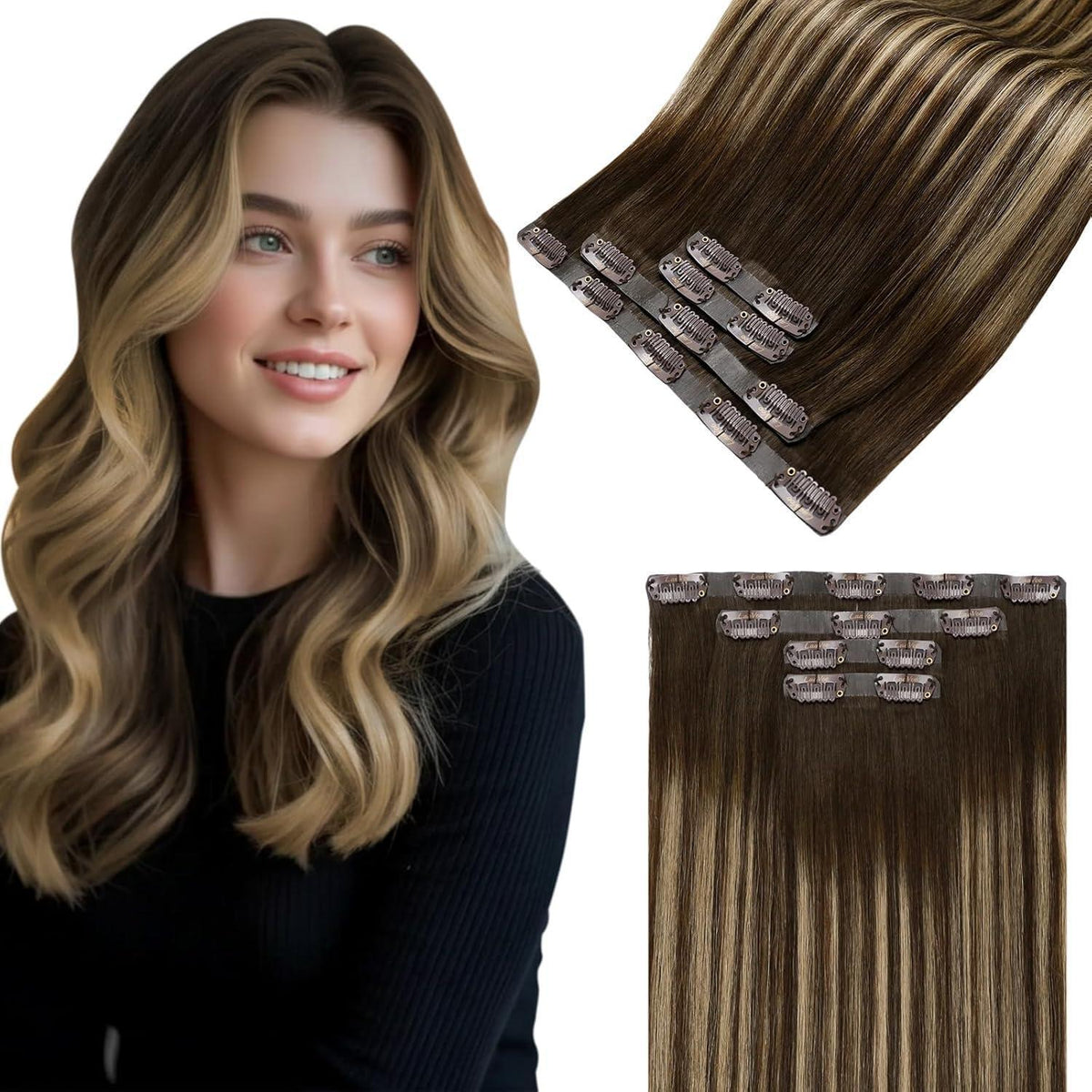 Echthaar Clip-in Extensions Balayage Braun Ombre 40cm