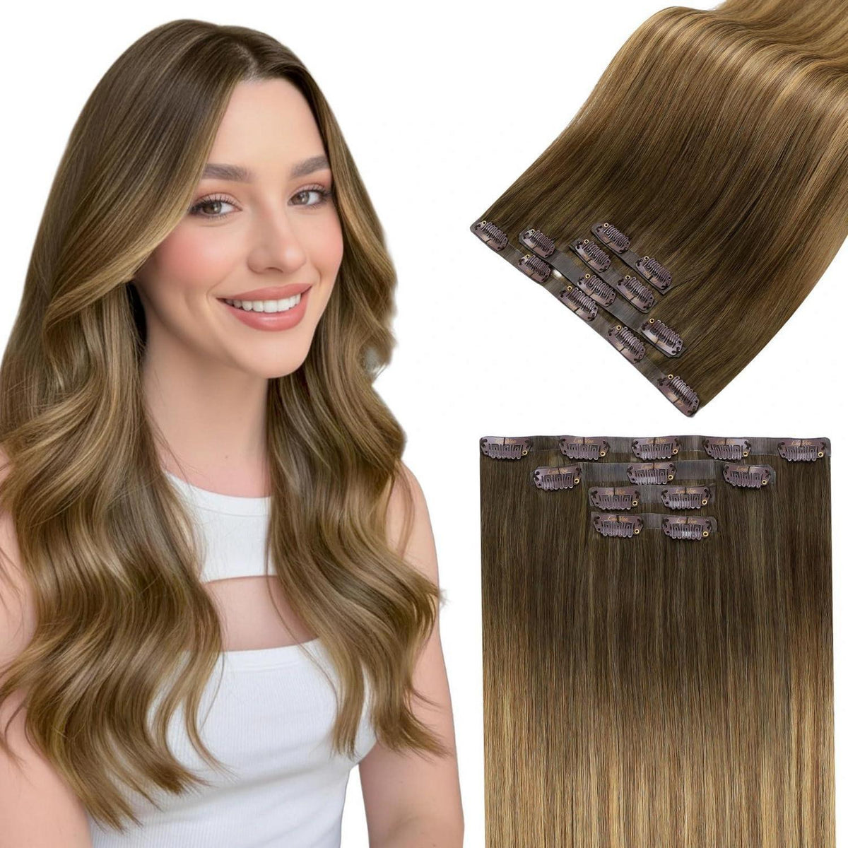 Echthaar Clip-In Extensions Balayage Braun Ombre Blond