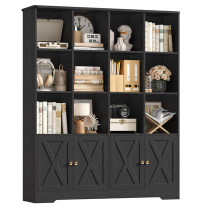 Bücherregal mit Türen & 12 Fächern – Hochschrank Holz Schwarz