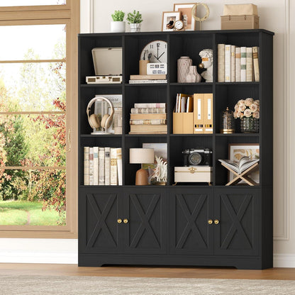 Bücherregal mit Türen & 12 Fächern – Hochschrank Holz Schwarz