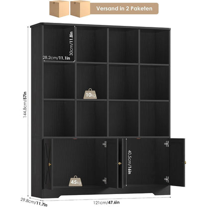 Bücherregal mit Türen & 12 Fächern – Hochschrank Holz Schwarz