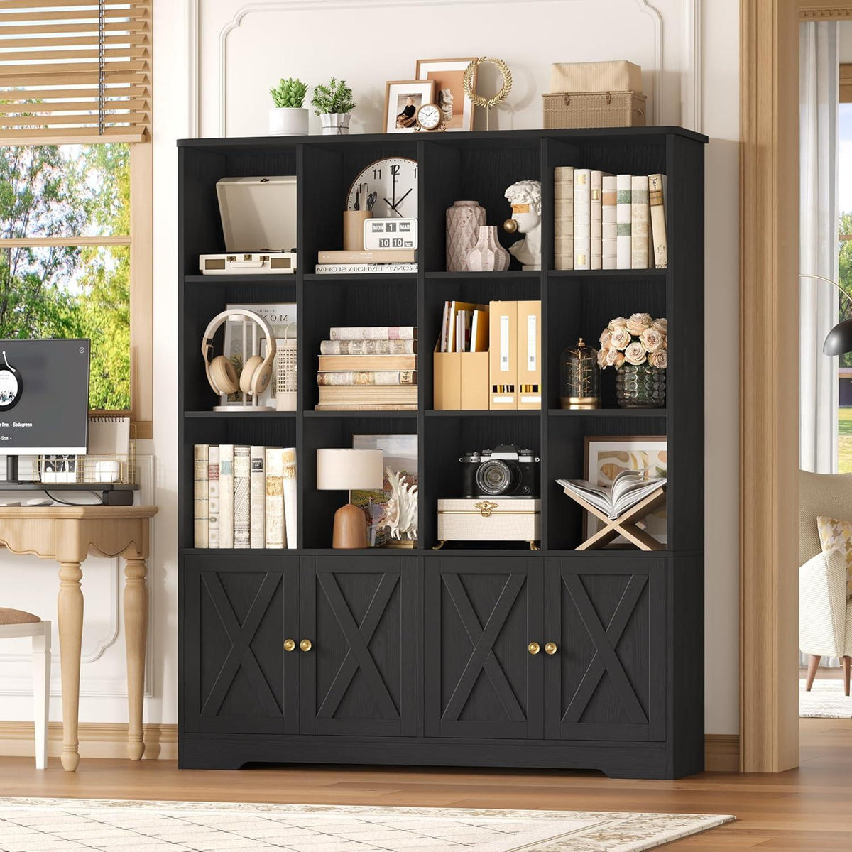 Bücherregal mit Türen & 12 Fächern – Hochschrank Holz Schwarz