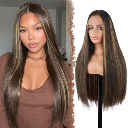 Braune Mix Blond Lace Front Perücke – Lange Glatte Damen Perücke