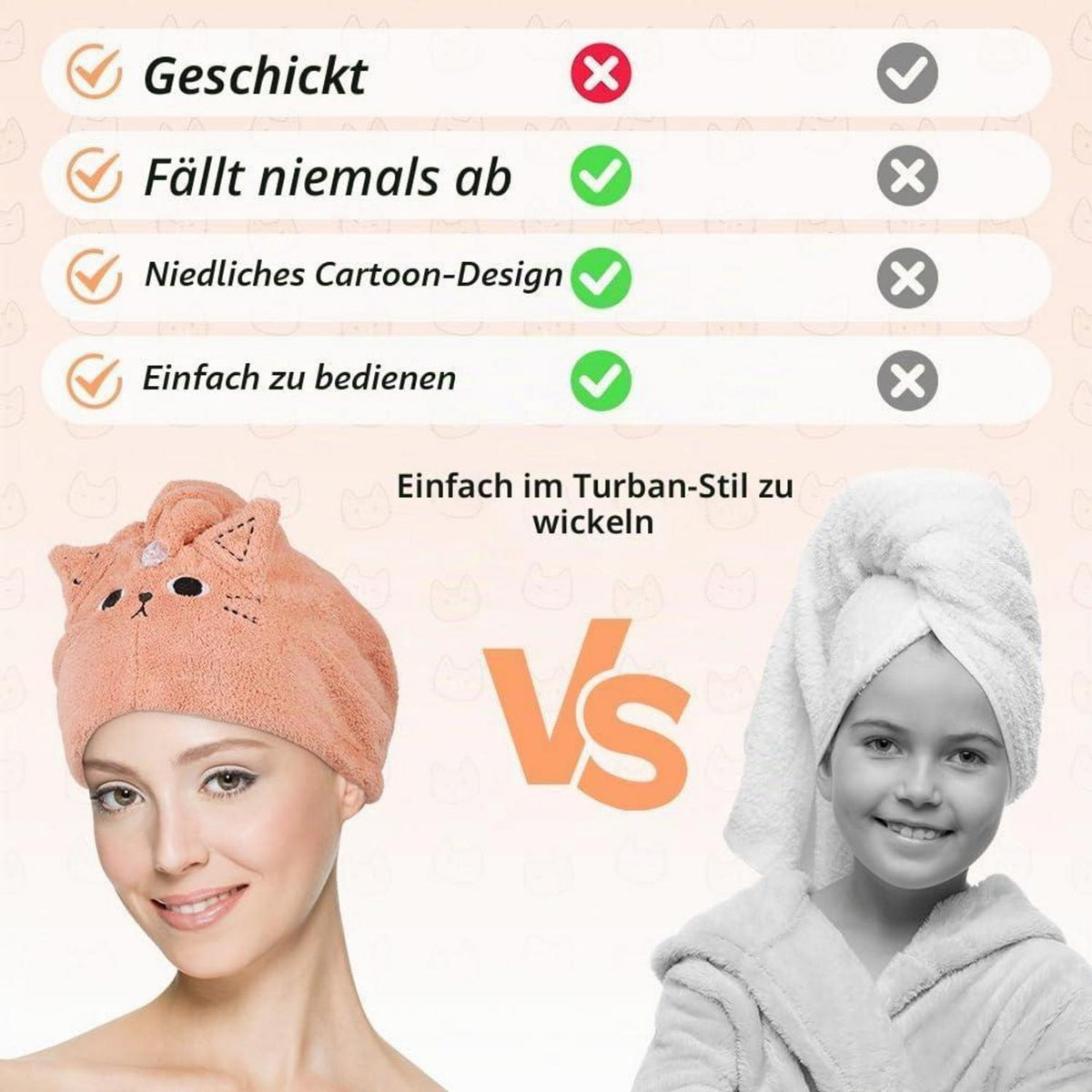 Haarturban 2er-Pack Mikrofaser Rosa Grau Katze