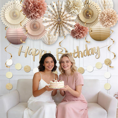 Boho Geburtstagsdeko Set Beige Rosa – Party Deko für Frauen