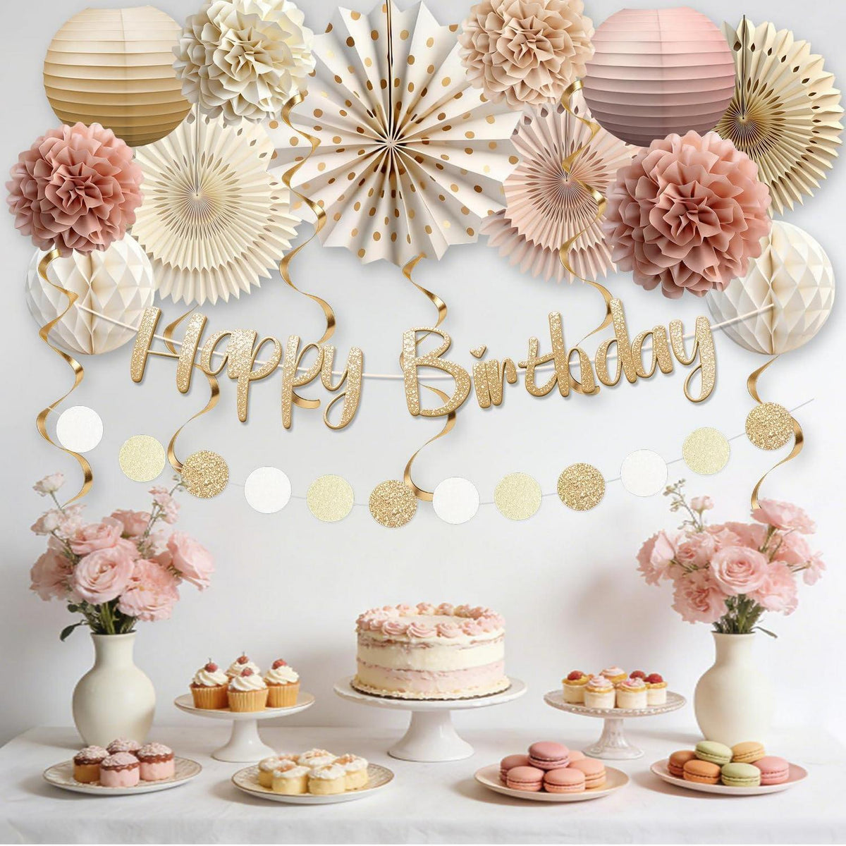 Boho Geburtstagsdeko Set Beige Rosa – Party Deko für Frauen